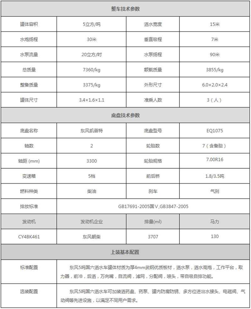 国六5吨洒水车参数